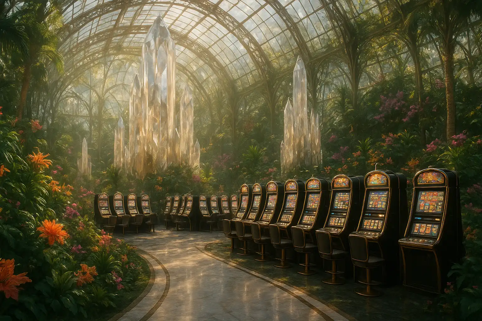 Luxury casino hall with crystal structures and elegant slot machines inside an exotic glass garden