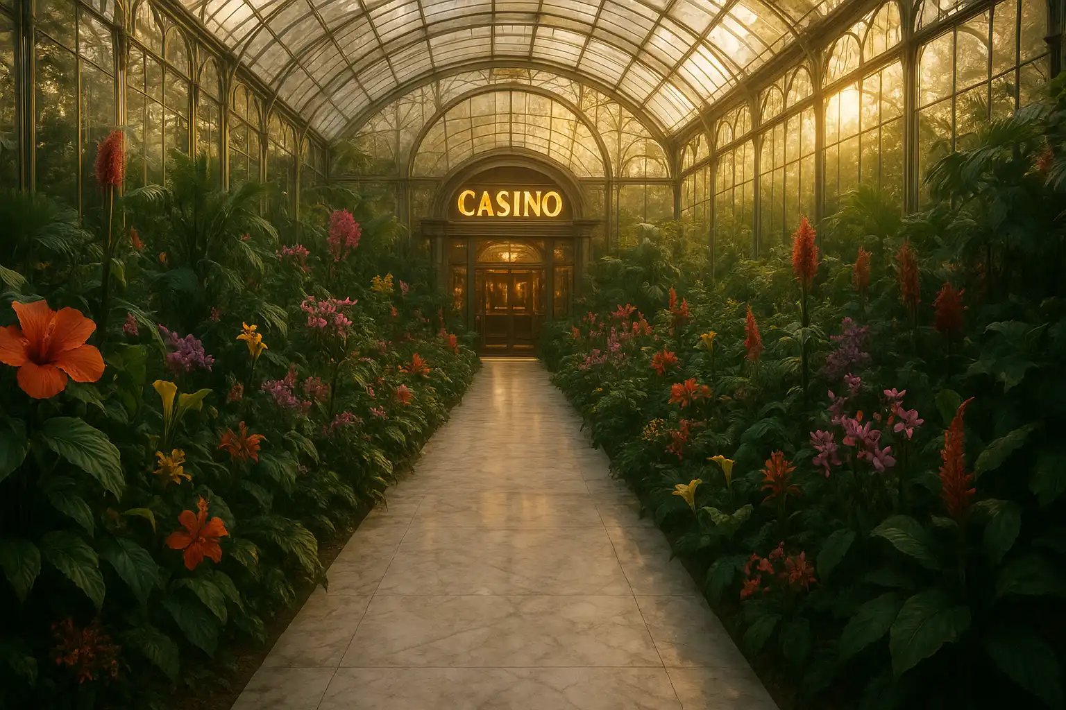 Marble pathway leading through a crystal glasshouse casino filled with exotic flowers
