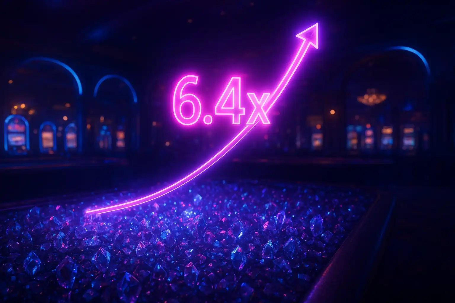 Neon multiplier curve rising above a crystal casino floor representing a crash game round