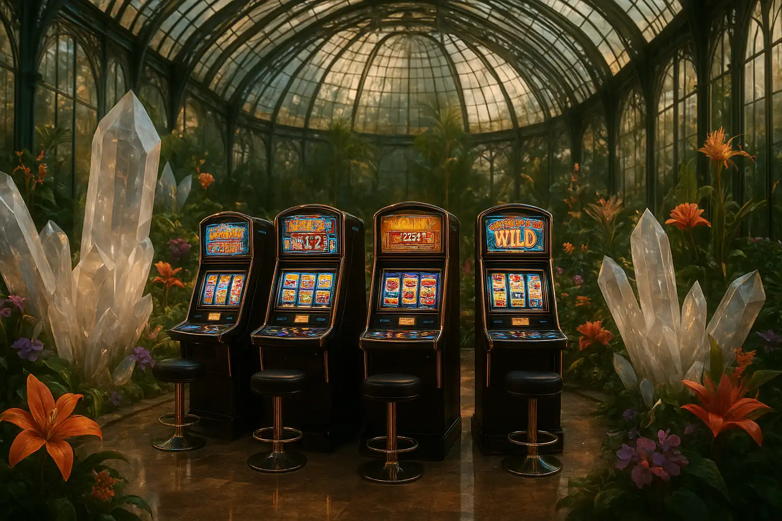 Row of elegant slot machines glowing among crystal structures and exotic flowers