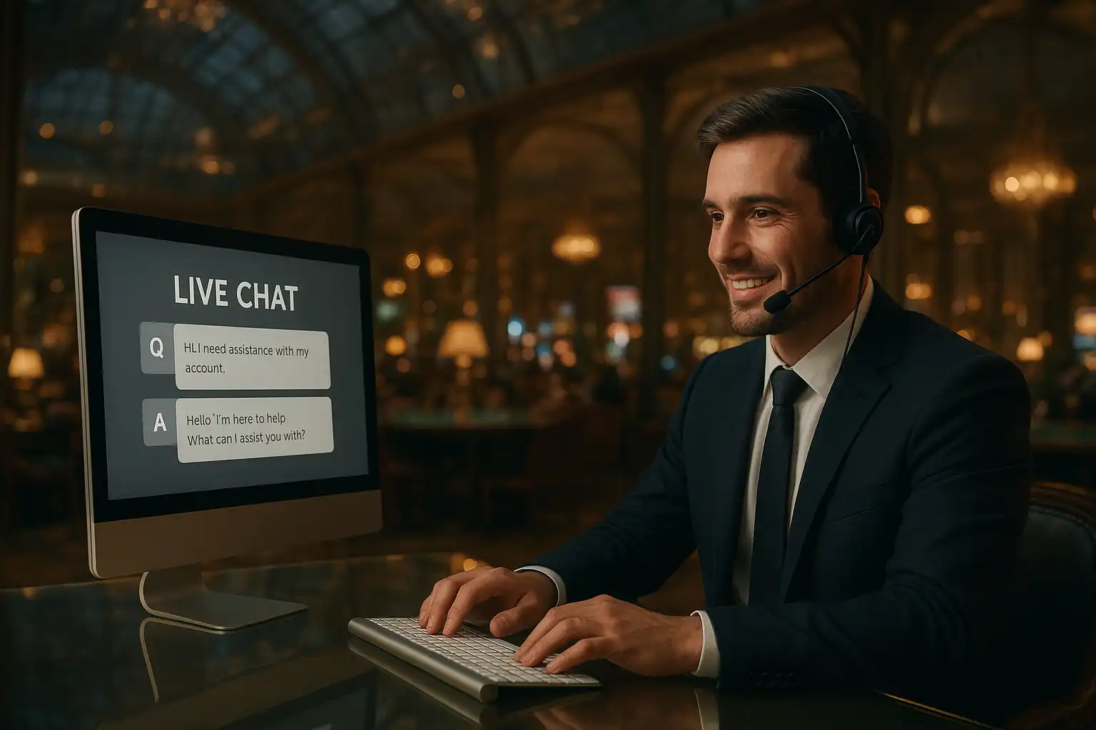 Friendly casino support agent at a crystal desk assisting a player through live chat