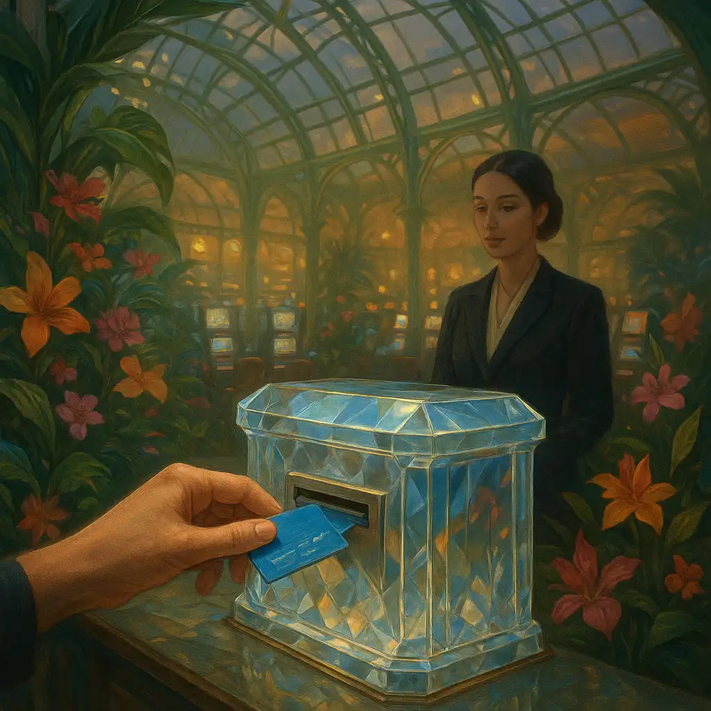 Hand making a card deposit at an elegant crystal cashier desk