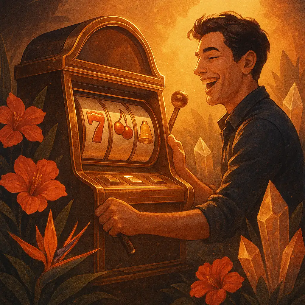 Player spinning an elegant slot machine surrounded by exotic flowers