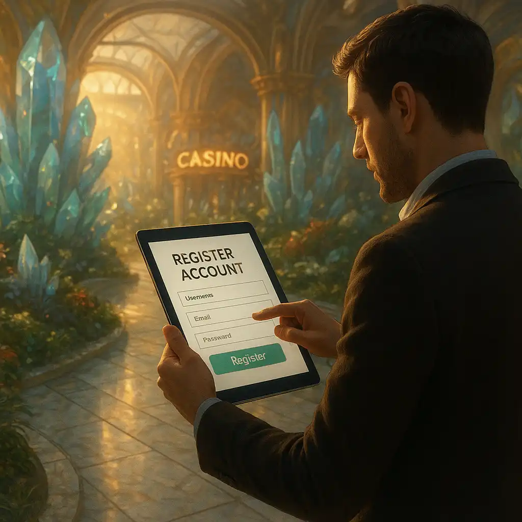 Player registering an account on a tablet in a glass garden setting